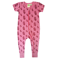 Parade Organics 2 Way Romper Signature Dramatic Colorful Design Organic Cotton Zipper Short Sleeve Pink Feather Crocodile Surf Certified Grown Baby Infant Boy Girl Luxurious Soft GOTS Chemical Pesticide Free Safe Sensitive Delicate Skin Printed by Hand Eco-friendly Ink Azo-free Dye