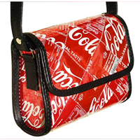 Upcycling By Milo Unique Handmade Coca Cola Bag Classic Retro Look Plastic Cover Protection Small Crossbody Coke Vegan Red Reduce Reuse Recycle Art Fun Teenager Magnet Closure Adjustable Strap Vinyl Inner Zip Pocket Polyester Lining