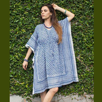 beach Sivalya Keywest Organic Cotton Women’s Kimono Dress Indigo Lightweight Relaxed Summer Style Stunning Mid Length Drapes Perfectly Adjustable Waist Ties for Flattering Cinched Waist Design 100% Organic Cotton Fabric Hnad Block Printed with Non-toxic Azo Free Indigo Dyes Handmade 10% of Proceeds Support Homes of Hope