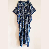 beach Long Indian Organic Cotton Kaftan Famous Indian Bazar Indigo Pineapple Anokhi Hand Block Print One Size Boho Chic Limited Edition Ultimate Comfort Perfect for Beach Pool House Lounging Lightweight Fabric
