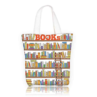 Bookshelf With Ladder Canvas Tote Bag Shopping Book Library Grocery School Education College Campus Life Caricature Multi Color Zipper Closure Shoulder Student Nylon Strong Water Resistant Trendy Design