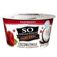 So Delicious Dairy Free Coconut Milk Raspberry Yoghurt Alternative Thick Creamy Organic Goodness Tangy Fruit Flavor Culture Plant Based Vegan Smoothie Protein Shake Cereal Smooth Live Active Soy Gluten Free Finest Ingredients Non-GMO No Artificial Flavor Color Hydrogenated Oil Snack Kids Children Home School Work Play Afternoon Gym College Breakfast Lunch