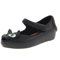 Mini Melissa Ultragirl Mary Jane Flat Recyclable Character Cat Black Color Plastic Rubber Sole Hook Loop Strap 3D Peep Toe Curved Tail Flexible Fashion Comfortable Comfy Jellies Gift Birthday Fun Play Summer Spring Holiday Vacation