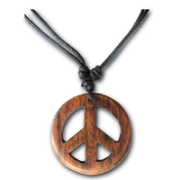 Earth Accessories Adjustable Peace Sign Pendant Organic Wood Renewable Source Cotton Cord Black Brown Flower Bohemian Music Festival Gift Concert Hippie Woodstock 1960s 1970s Women Men Teen Girl Boy Gypsy Charity Environment Eco-friendly Sustainable