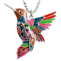 Luckeyui Hummingbird Necklace Pendant Colorful Unique Design Charm Bird Jewelry Gift Blue Red Multi-color Black Box Chain Stainless Steel Keychain Mind Yoga Spiritual Painting Enamel Flower Birthday 