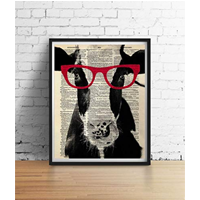 Patrician Prints Cow Wearing Glasses Print Poster Intellectual Great Room Décor Student Art Farm Animal Vegan Illustration Dorm Black White Vintage Dictionary High Quality Matte Acid-free Paper Gift 