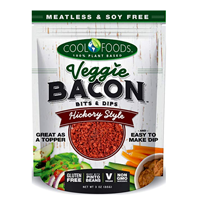 Cool Foods Veggie Bacon Bits Dips Hickory Style Missed Flavor Vegan Topper Vegi Plant Based Soy Gluten Free Non-GMO Pinto Bean Salad Pizza Baked Potato Sandwich Pancake Sunflower Oil Salt Yeast Extract Natural Vitamin Simply Add Hot Water Crunch Lunch Dinner Kitchen Tasty Healthy Meatless Dried