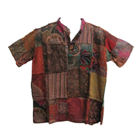 Yoga Trendz Patchwork Short-sleeved Shirt Bohemian Evenings Beach Ethnic Indian Vintage Hippie Brown Pocket Recycled 100% Cotton Unique Designer Boutique