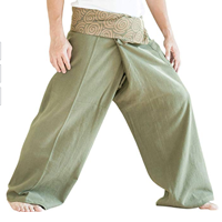BohoHill Thai Fisherman Pants Comfortable Easy-to-wear Holiday Beach Yoga Organic Cotton Swirl Earth Green Soft High Quality Handmade Flexible Japanese Waist Wrap Around Casual Summer Spring Tai Chi Ethnic Ethical Clothing Extra Soft Individual Tribal Pattern Everyday Loose Fitting Light Hot Climates Activity