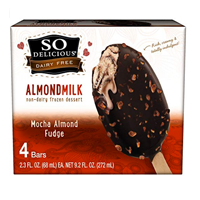 So Delicious Frozen Almond Milk Mocha Fudge Dessert Bar Snack Size Treat Dip Crunchy Chocolate Coating Dairy Free Finest Ingredients Alternative Plant-based Bar Flavor Smooth Creamy No Soy Cholesterol Artificial Color Hydrogenated Oil