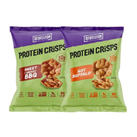 Our Little Rebellion Protein Crisps Chips Pack Hot Buffalo Sweet Smokey BBQ Variety Mix Sampler Popped Non GMO Gluten Free Healthy Diet Plant-based Workout Light Lunch Dinner School College Work Snack Low Calorie