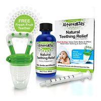 AlternaKids Natural Baby Teething Relief Oil Teeth Remedy Gentle Herbal Extract Botanical Vitamin E Silicone Feeder Pacifier Clove Peppermint Chamomile Infant Essenzia Safe Effective Drops Swelling Pain Inflammation Bonus Toy Sunflower Coconut Grapeseed Alcohol-free