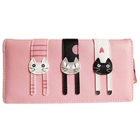 Nawoshow Cute Cat Long Purse Design Women Wallet Bifold Zipper Pink Blue Brown Black Faux Leather Snap Closure Safety Pocket Slot Holder Cash Card Travel Office Shopping Daily Gift Family Friend Daughter Sister